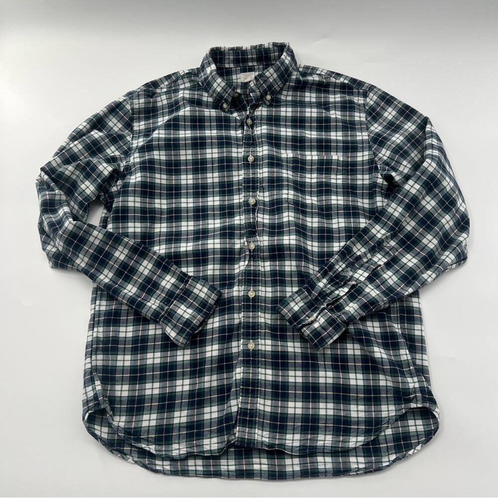 J. Crew Men’s Vintage Oxford Button Down Plaid Navy Blue Green Shirt Long Sleeve